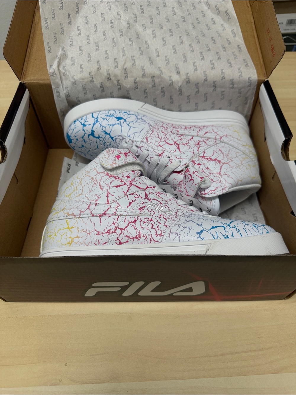 FILA Kids High-Top Sneakers in White with Blue, Pink, and Yellow Crackle